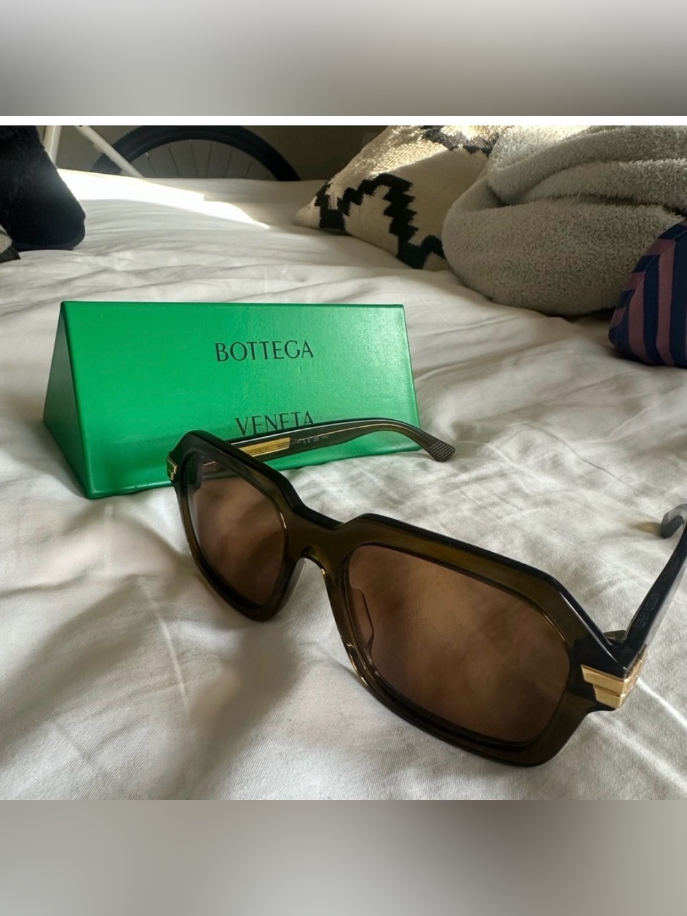 Bottega Veneta Olive Brown Oversized Square Sunglasses with Gold Accents